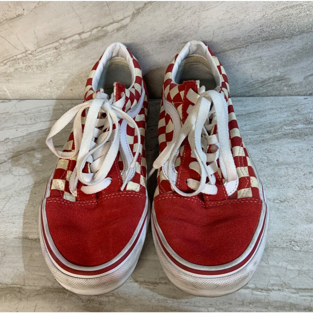 Red Checkered Pattern Lace Up Vans Old School M 6 W 7.5